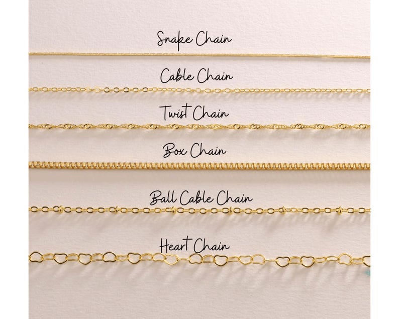 May include: A selection of gold-colored chain necklaces, each with a unique design. The image displays six different chain styles: Snake, Cable, Twist, Box, Ball Cable, and Heart chains. The names of each chain style are written above the chain.