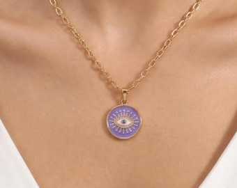 Gold Plated Colorful Medellion Evil Eye Necklace, Shiny Evil Eye Necklace, Enamel Medellion Necklace, Energy Necklace, Everyday Necklace