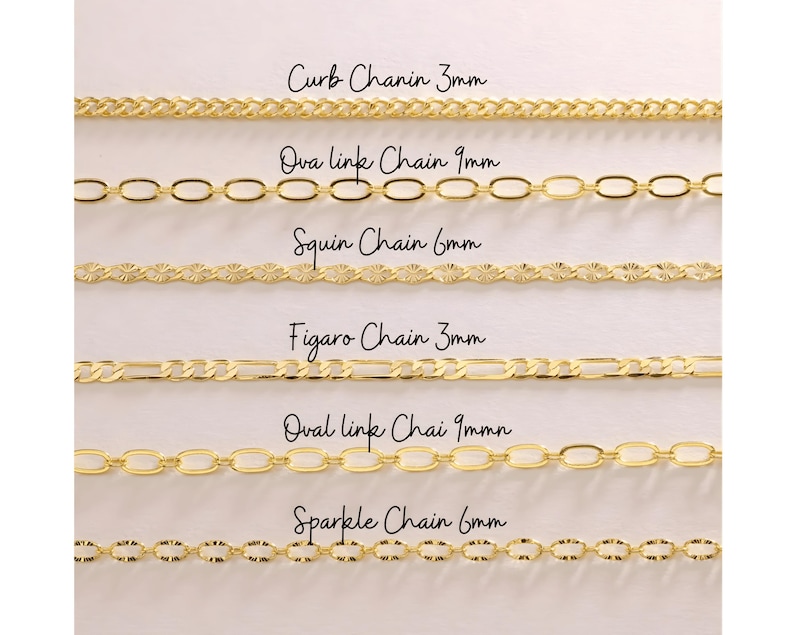 May include: A selection of gold-colored chain necklaces, each with a different design. The image includes text labels for each chain style, such as "Curb Chain 3mm" and "Oval link Chain 9mm". The chains are displayed against a light background.