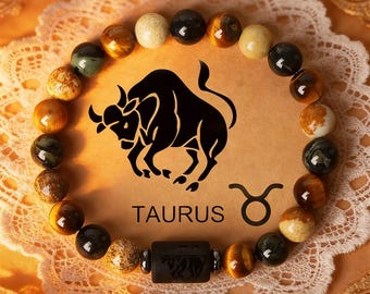 Natural Tiger Eye & Picture Stone Bracelet, Taurus Zodiac Single Strand Wrap, Healing Crystal Jewelry, Astrology Gift