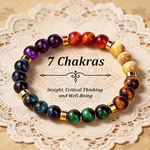 May include: A beaded bracelet featuring a spectrum of colors, with gold-colored spacers. The bracelet is composed of various colored stones, including purple, blue, green, yellow, and brown. Text on the image reads "7 Chakras" and "Insight, Critical Thinking and Well-Being."