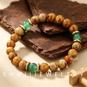 Picture Jasper & Green Aventurine Beaded Bracelet | Earthy Abundance Grounding Stretch Bracelet