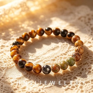 1A Natural Yellow Tiger's Eye & Picture Jasper Venus Bracelet, Solar System Stretch Bracelet 17cm