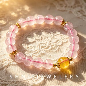 Rose Quartz & Citrine Beaded Bracelet, 8mm Natural Stone Stretch Bracelet 16cm
