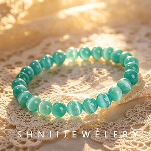 Teal Cat's Eye Beaded Bracelet, 8mm Crystal Stretch Bracelet 16cm