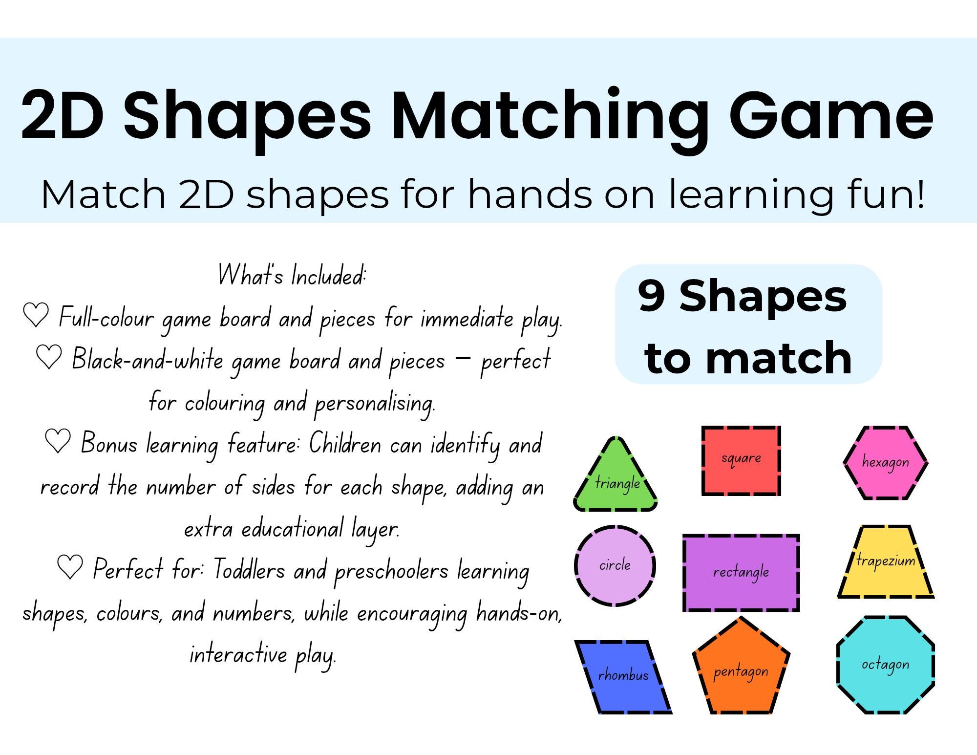 2D Shapes Matching Game | Toddler Preschooler Kindergartener | 2-7 ...
