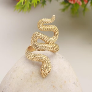 18K Gold Plated Snake Ring • Adjustable Serpent Statement Ring • Detailed Cobra Wrap Jewelry