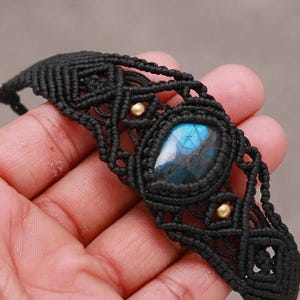 Statement Labradorite Macrame Bracelet - Wide Boho Woven Cuff - Blue Flash Gemstone Jewelry