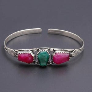 Sterling Silver Coffin Stone Cuff Bracelet, Natural Ruby Emerald Bangle