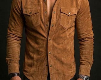 Lederhemd Herren Tan Wildleder | Handgefertigtes Slim-Fit-Überhemd aus echtem Wildleder