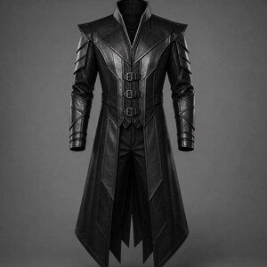 May include: A black long-length coat featuring a high collar, structured shoulders, and layered paneling on the sleeves. The front closure consists of three horizontal straps with metal buckles, and the hemline is pointed with multiple panels.