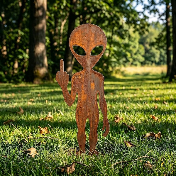 A Grumpy Alien Metal Garden Stake