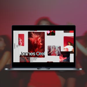 Może przedstawiać: Ekran laptopa wyświetlający stronę z portfolio fotografa dokumentalnego i portretowego Jamesa Orela. Interfejs posiada jasnoszare tło z wieloma prostokątnymi kafelkami zdjęć, czerwonymi akcentami oraz napisem James Orel.