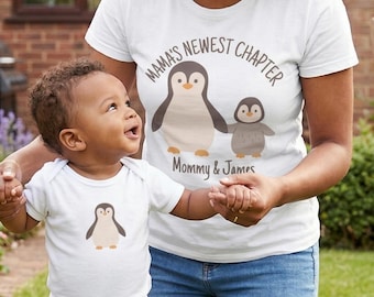 Personliga pingvin-mamma-och-jakt-tröjor, personlig mors dag-present, matchande outfits