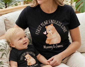 Personliga matchande skjortor med akvarellmotiv, Björnmamma, första mors dag-present