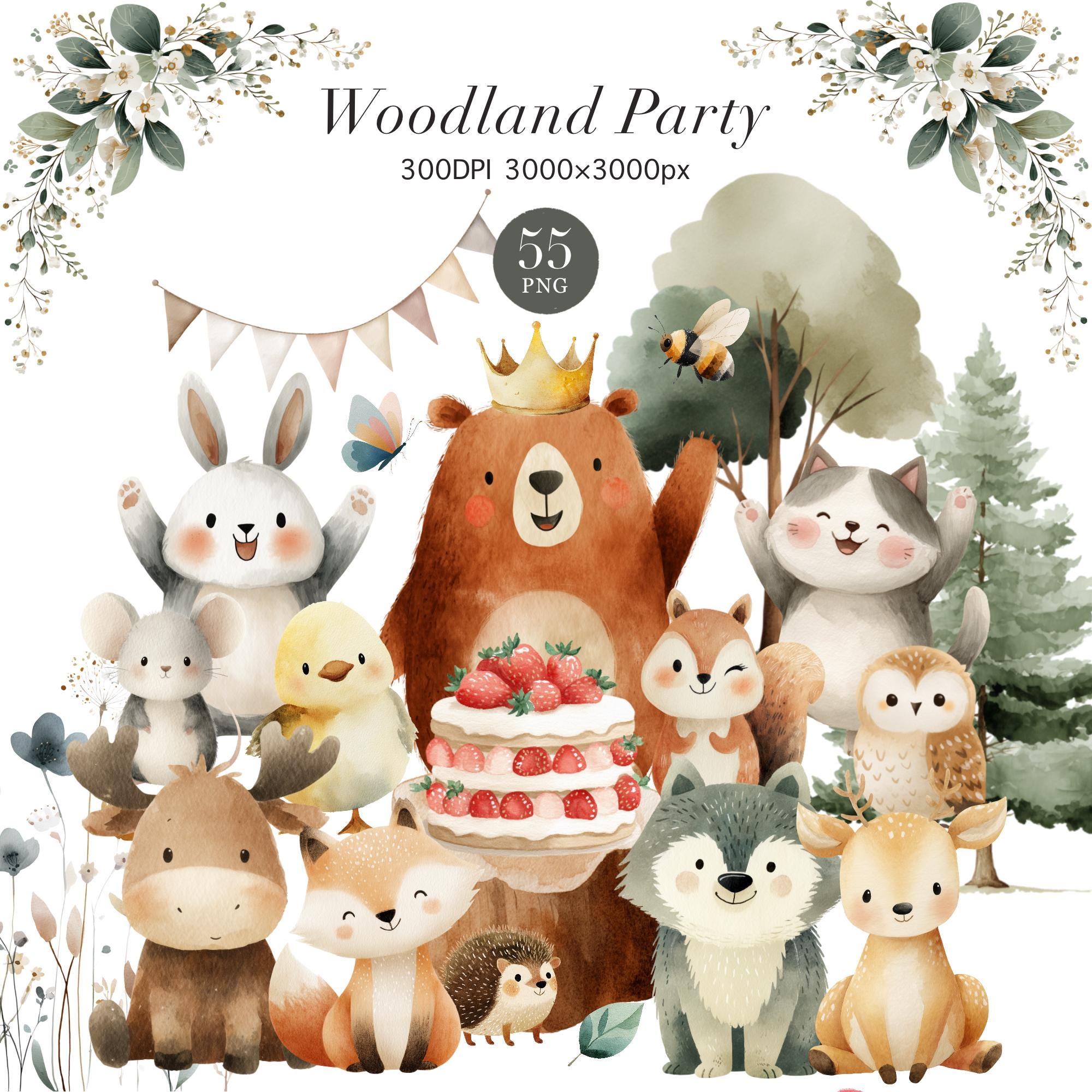 Woodland First Birthday Clipart Bundle, Boho Forest Animals PNG ...