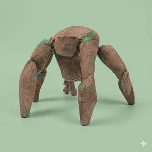 May include: A four-legged creature figurine with a brown, rock-like textured surface and small, bright green circular accents on its joints and body. The figure has a rounded central torso and long, segmented limbs that extend outward.
