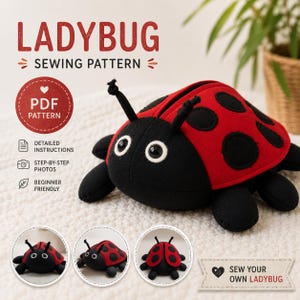 Könnte beinhalten: Ein Marienkäfer-Schnittmuster mit einem roten und schwarzen Plüsch-Marienkäfer mit zwei Fühlern und runden schwarzen Punkten. Der Text lautet LADYBUG SEWING PATTERN, PDF PATTERN, DETAILED INSTRUCTIONS, STEP-BY-STEP PHOTOS, BEGINNER FRIENDLY und SEW YOUR OWN LADYBUG.