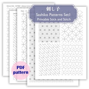May include: A set of printable Sashiko patterns on white paper sheets featuring black geometric designs. The top label reads Sashiko Patterns Set I Printable Stick and Stitch with Japanese text. A pink circular badge displays the text PDF pattern.