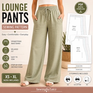 Può includere: Un cartamodello digitale per pantaloni lounge, mostrato con un paio di pantaloni verde salvia a gamba larga con vita a coulisse e tasche laterali. L'immagine include etichette di testo, un'icona per il download in PDF e schemi tecnici.