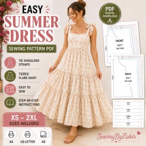 Könnte beinhalten: Ein digitales Schnittmuster für ein Sommerkleid mit eckigem Ausschnitt, Bindeträgern und einem gestuften, ausgestellten Rock. Das Schnittmuster umfasst die Größen XS bis 2XL und enthält Druckvorlagen für die Papierformate A4, US Letter und A0.