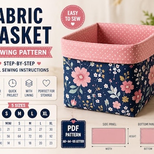 May include: A fabric basket sewing pattern featuring a navy blue exterior with a pink floral print and a pink polka dot lining. The image includes text labels, a size chart with measurements in cm, and diagrams for side and bottom panels.