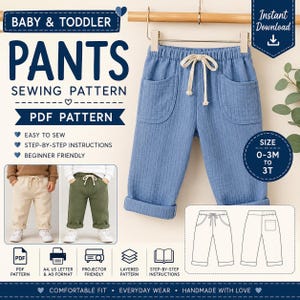 May include: A digital sewing pattern for baby and toddler pants, featuring text that reads BABY & TODDLER PANTS SEWING PATTERN PDF PATTERN. The image displays a blue pair of pants with an elastic waistband, drawstring, and two front pockets.