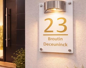 Gepersonaliseerd wit led-huisnummerbord op zonne-energie, moderne adresplaat buiten waterdicht