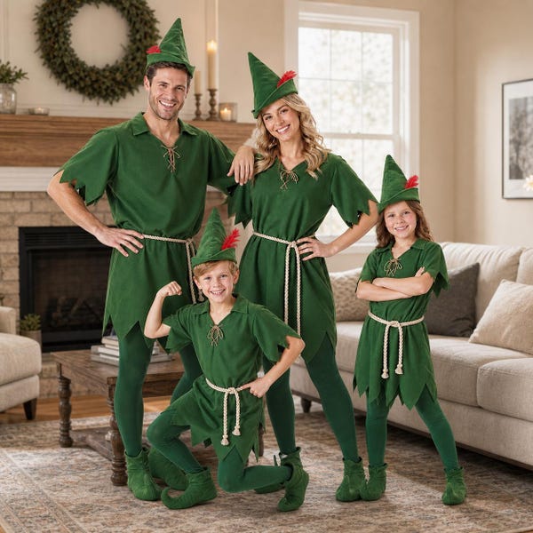 Green Elf Robin Hood Peter Pan Costume for Adults Kids, Medieval Forest Outfit with Hat and Belt, Halloween Cosplay Fancy Dress Set