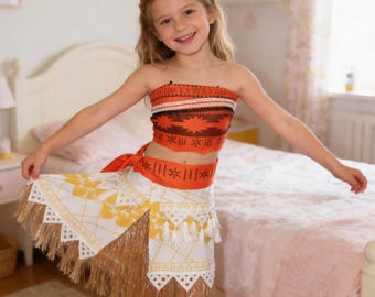 Kids Moana Costume for Girls, Children Island Princess Dress, Disney Cosplay Outfit for Halloween with Red Skirt and Tribal Print