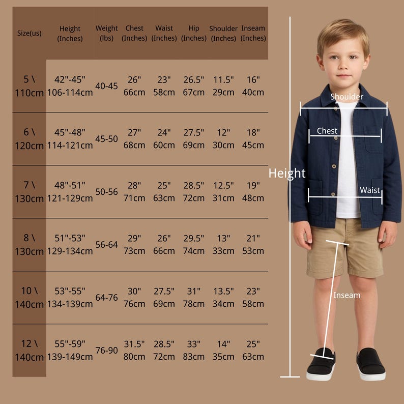 以下が含まれることがあります： 子供服のサイズ表。サイズ、身長、体重、胸囲、ウエスト、ヒップ、肩幅、股下の各項目がcm単位で記載されています。紺色のボタン付きジャケット、白いシャツ、ベージュのショートパンツを着用した子供の画像が添えられています。
