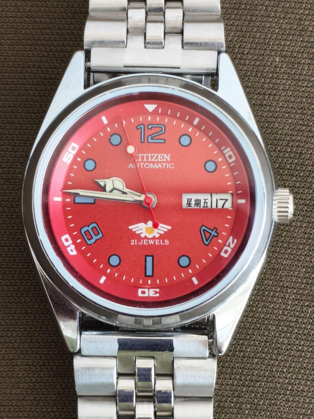 Citizen Automatic 35MM Red Dial Day-date 21 Jewels Stainless Steel Men ...