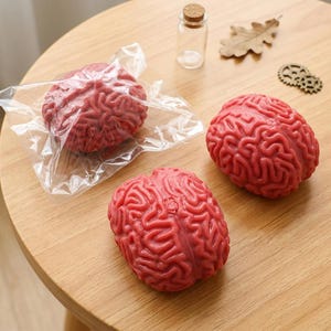 May include: Three red brain-shaped objects, one in a clear plastic bag, rest on a light brown wooden surface. A small glass bottle with a cork stopper and decorative items are also present. The brains have detailed ridges.