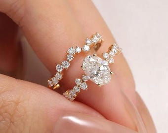 1.5 Carat Oval Moissanite Engagement With Diamond Band Wedding Ring Set for Women, 14K Solid Yellow Gold, Anniversary Ring Set Gift for her