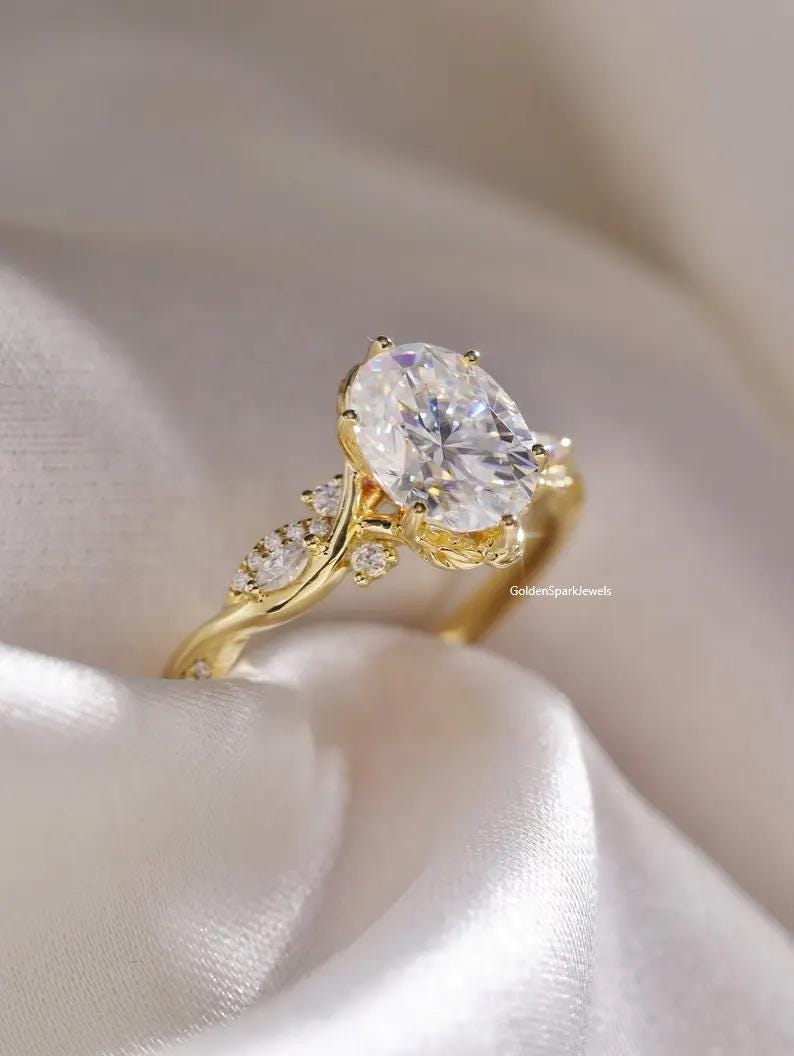 Floral 2 CT Oval Cut Moissanite Engagement Ring, 14K Solid Yellow Gold ...