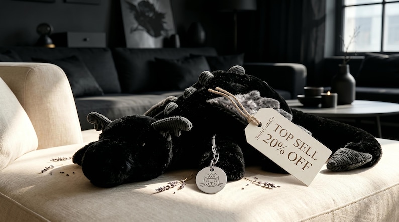 Op de afbeelding: Een zwart pluche draakspeelgoed met een label met de tekst "TOP SELL 20% OFF" en een kleine zilveren bedel. De draak ligt op een beige bank in een kamer met donkere meubels en decor.