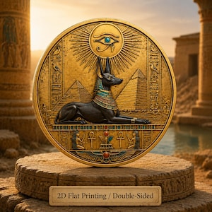 Op de afbeelding: Een cirkelvormig, goudkleurig medaillon met een zwarte jakhalsfiguur in het midden, omringd door Egyptische piramides, hiërogliefen en een Oog van Horus. Een klein rechthoekig plaatje eronder vermeldt 2D Flat Printing / Double-Sided.