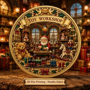 May include: A circular decorative plaque featuring a detailed scene of a Santa Claus figure working in a toy workshop, with a teddy bear, rocking horse, train, and nutcracker. The text TOY WORKSHOP is displayed at the top, and 2D Flat Printing / Double-Sided at the base.