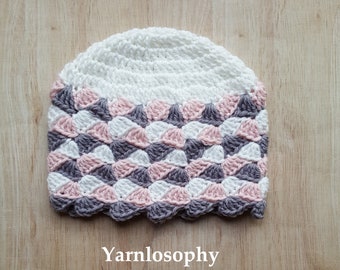 Crochet hat pattern baby hat girl hat crochet beanie easy crochet hat beginner crochet shell crochet pink grey white hat