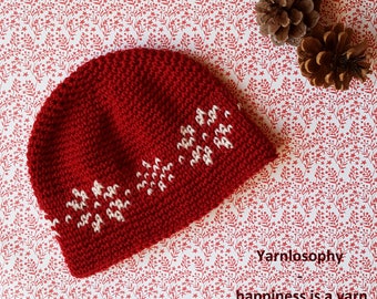 Crochet pattern hat snowflake Christmas winter boy and girl beanie size from newborn to adult