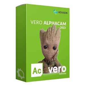 May include: A green software box featuring a brown, wooden-textured character with large black eyes. The box has the text "VERO ALPHACAM 2023" and the logo of "HEXAGON". The software name is written in white.