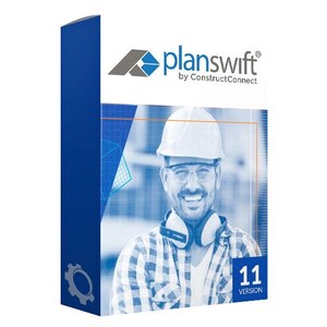 Puede incluir: Una caja de producto con el logotipo "planswift" y el texto "by ConstructConnect". La caja presenta a una persona sonriente con casco, gafas de seguridad y auriculares. También son visibles el número "11" y la palabra "VERSION".