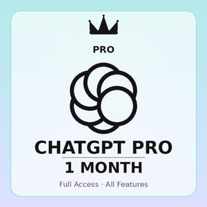 May include: A white square graphic featuring a black crown and the word "PRO" above a black circular design. The text "CHATGPT PRO 1 MONTH" is below, with "Full Access • All Features" underneath.