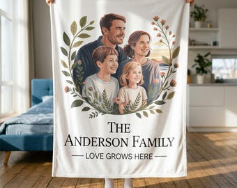 Personalized Family Blanket, Custom Name Portrait Throw, Housewarming Gift for Family, Cozy Fleece Art, Memorial Sympathy Gift
