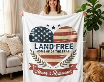 Patriotiska land av den fria filten, Hedra och kom ihåg amerikansk flagga hjärtformad pläd, militär veteran gåva, Memorial Day dekoration