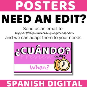 May include: A pink poster with the text "POSTERS" at the top and "NEED AN EDIT?" below it. The poster includes the text "&iquest;CU&Aacute;NDO?" and "When?" with a clock graphic. The bottom of the poster reads "SPANISH DIGITAL".