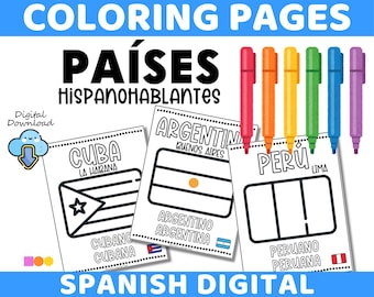 Spanish Coloring Pages | Spanish Speaking Countries Posters Color In Flags, Capitals, Nationalities | Color Page Learn Hispanic Countries