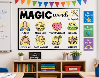 Magic Words English Poster, ESL Teacher Class Decor Bulletin Board, English Educational Poster for Beginners Classroom, English Magic Words