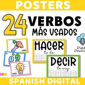 Puede incluir: Un conjunto de carteles digitales en español, con 24 verbos comunes. Cada verbo se muestra en una tarjeta colorida con una ilustración. El cartel incluye las palabras "POSTERS", "VERBOS MÁS USADOS" y "SPANISH DIGITAL". Un icono de nube indica una descarga digital.