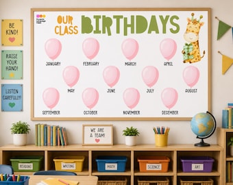 Our Birthdays English Birthday Chart for Teachers, Pastel-Themed English Bulletin Board Neutral Classroom Decor, Birthday Poster Chart